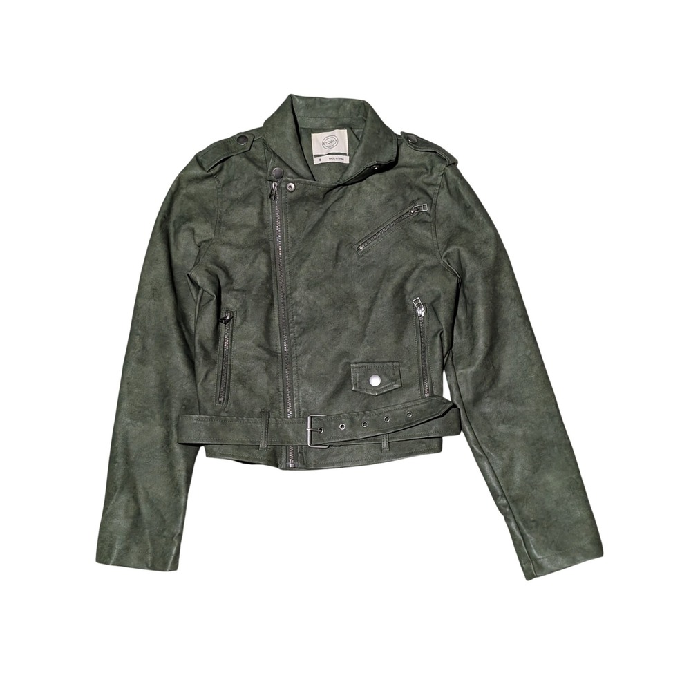 Stoosh Jacket Women S Green F15007 Moto Faux Leather Belted Asymmetrical Biker